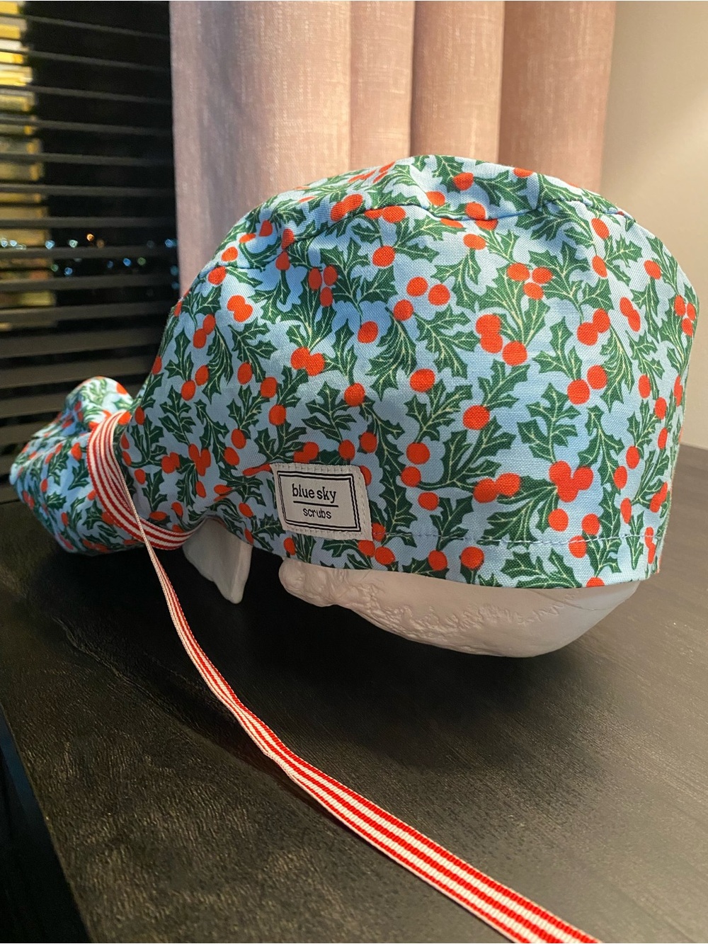 Blue Sky Floral Holly Pattern Scrub Cap in Light Blue, Red and Green